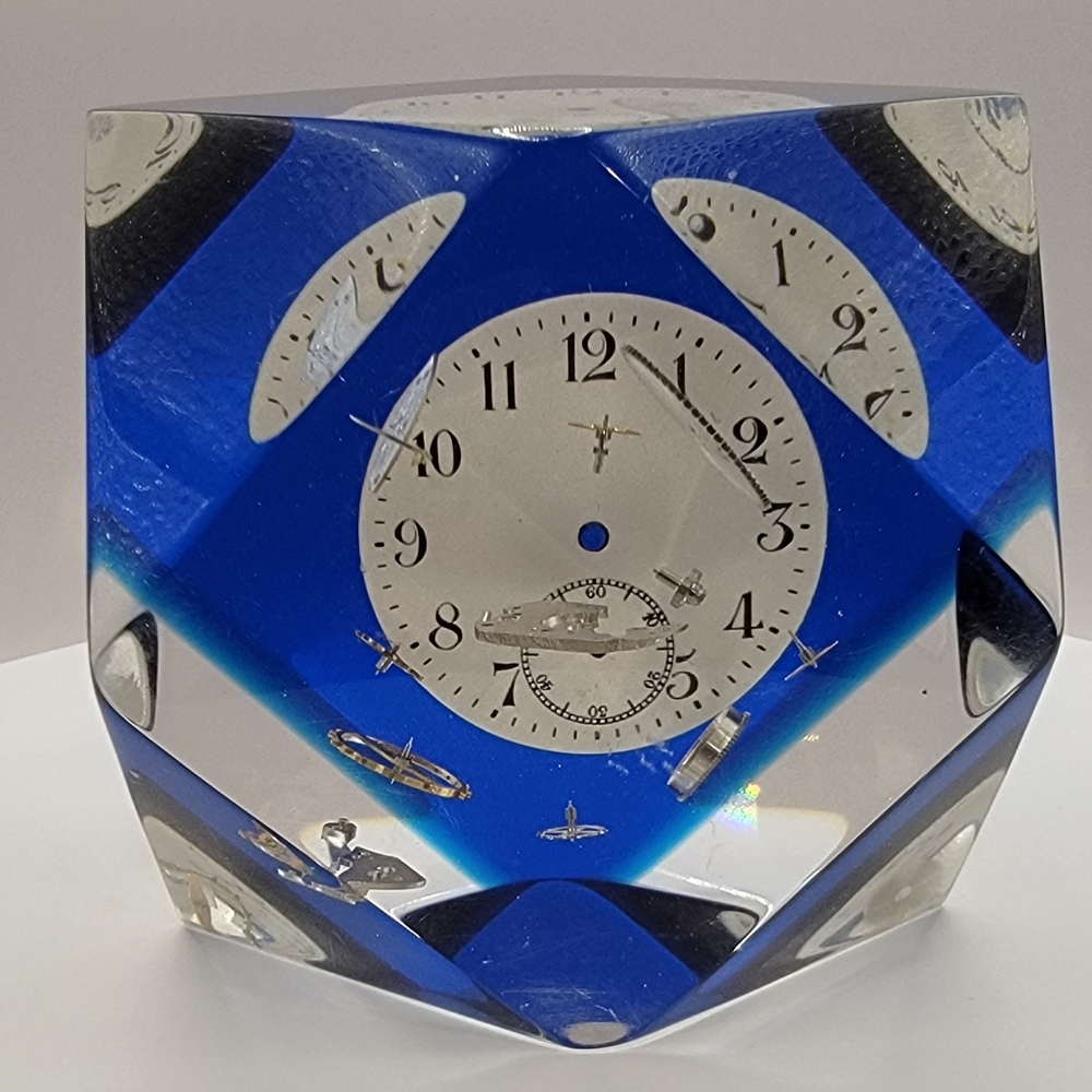 Vintage Floating Clock Parts Lucite Paperweight
